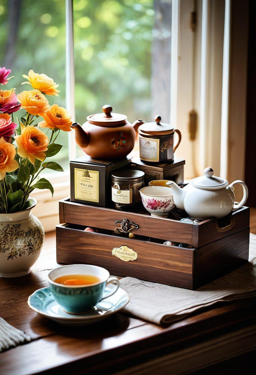 A cozy tea setting featuring an array of colorful tea pouches displayed elegantly in a vintage-inspired wooden box, surrounded by delicate tea accessories like a teapot, teacups, and a charming tea infuser. Soft sunlight filters through a window, highlighting the rich textures and vibrant colors of the pouches. In the background, there are gentle floral accents that evoke a tranquil atmosphere. super-realistic. warm colors. soft focus.
