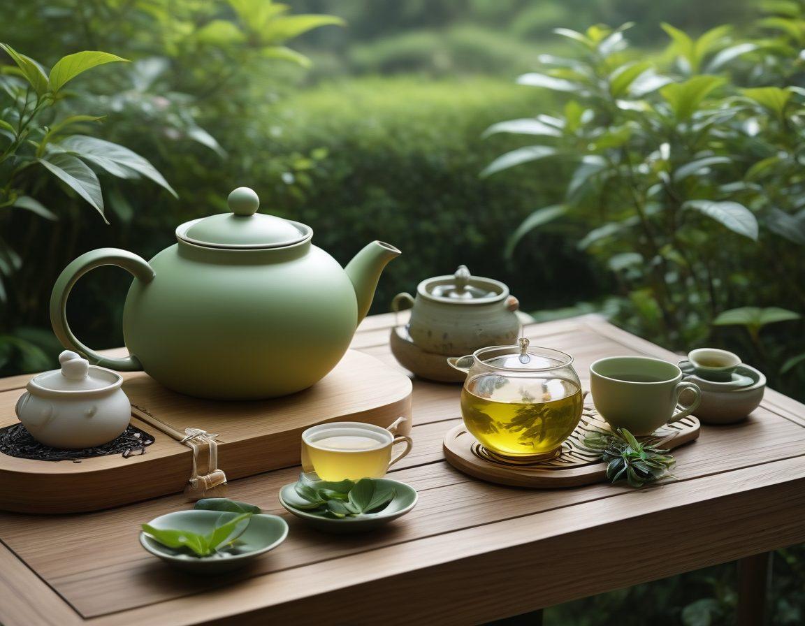A serene tea setup featuring an elegant teapot with steam rising, assorted premium brewing bags elegantly spread around, and charming accessories like tea infusers and cups. The background showcases lush green tea leaves and a tranquil tea garden, highlighting the beauty of tea culture. Soft, inviting lighting enhances the warmth and relaxation associated with tea. super-realistic. vibrant colors. peaceful ambiance.